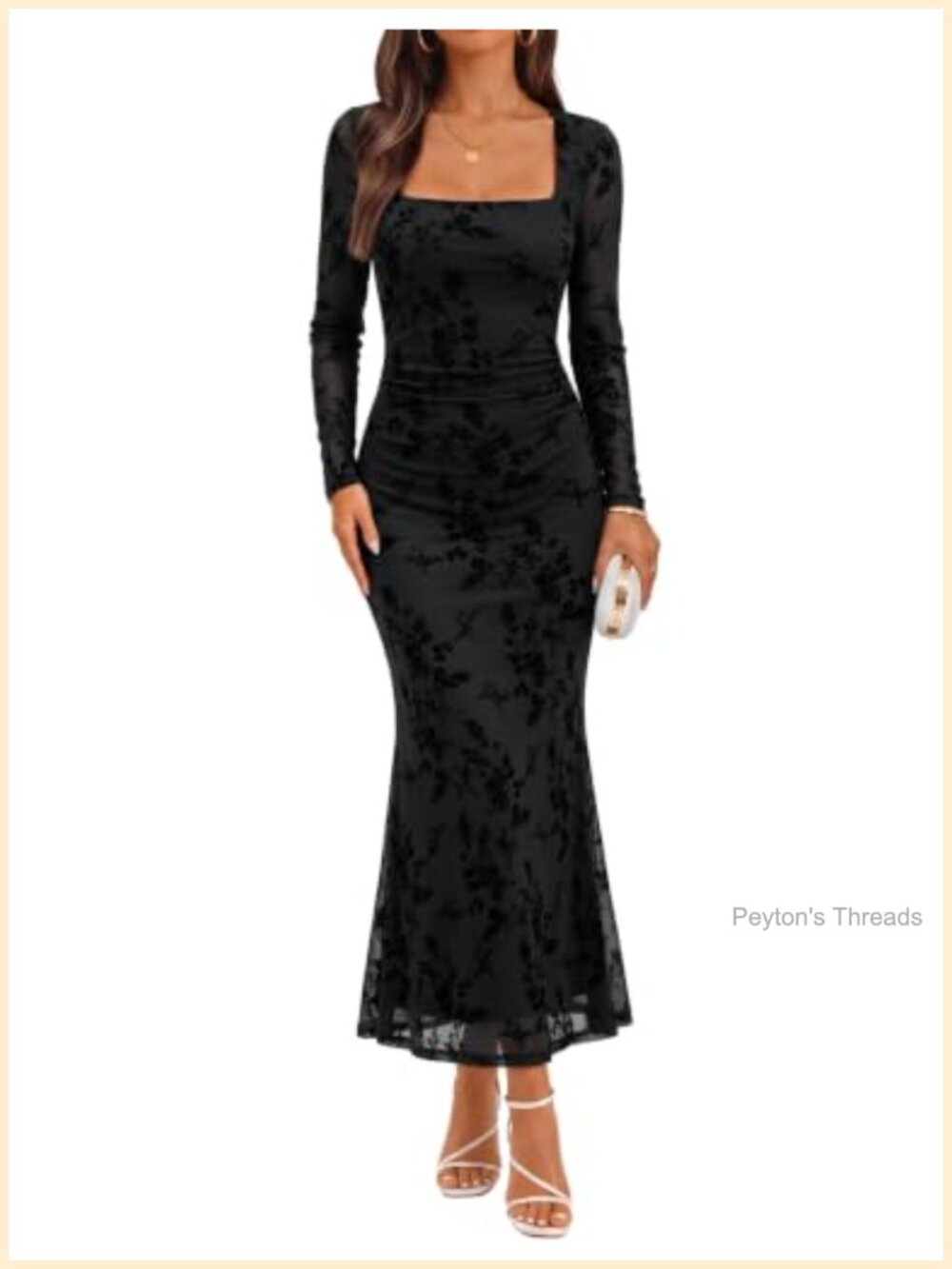 Long Sleeve Bodycon Flocked Mesh Maxi Dress Square Neck Formal